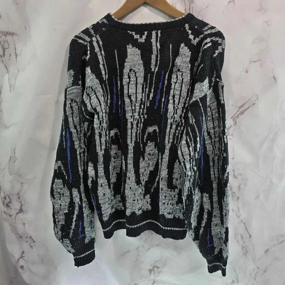 Vintage Sweater Mens XL Black Gray Blue Acrylic 80s 90s Raglan Ikat Abstract